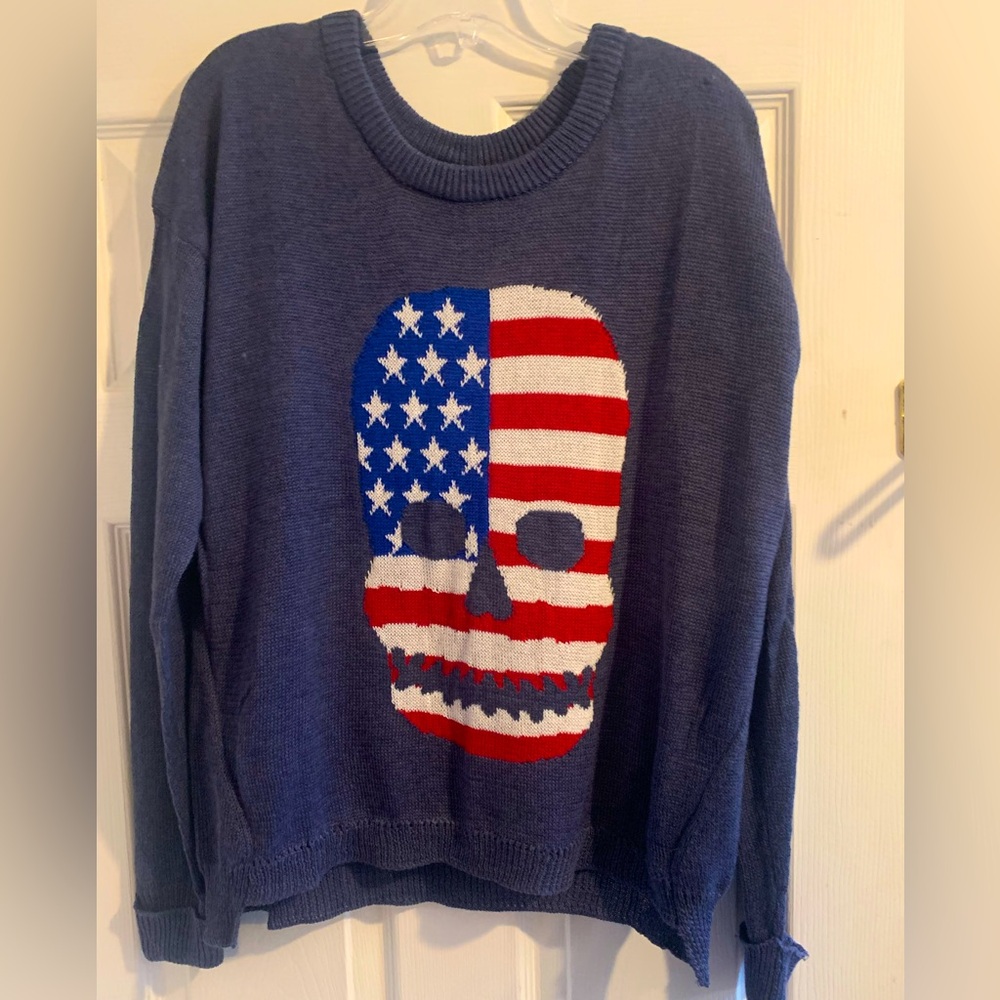Poof! Navy Sweater with American Flag Skull